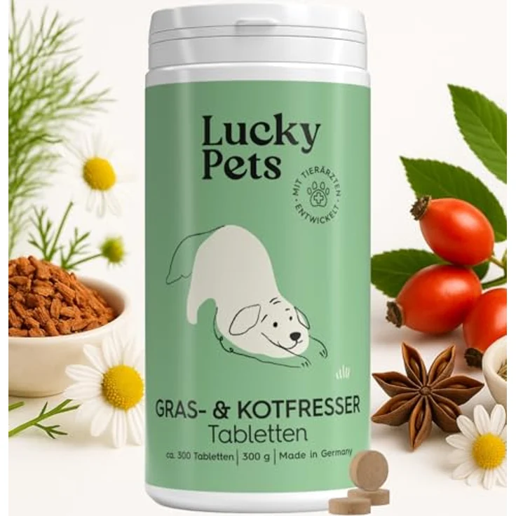 Lucky Pets Gras- & Kotfresser Tabletten, 300 g, mit Ulmenrinde, Bentonit & Heilerde, 100% pflanzlich, magenschonend, für weniger Fressfehlverhalten, Made in Germany – Bild 1