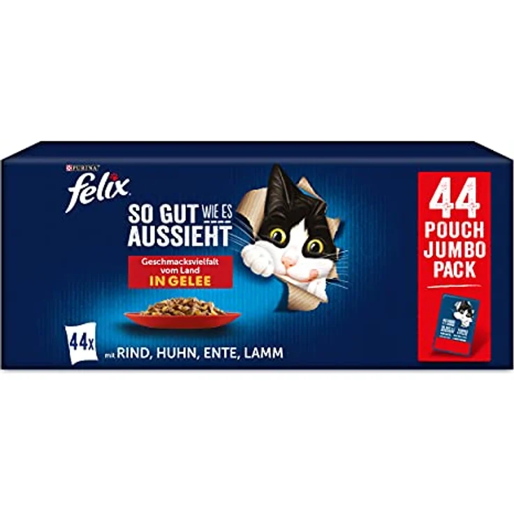FELIX So gut wie es aussieht Geschmacksvielfalt vom Land in Gelee, Katzen-Nassfutter, 44 x 85g Portionsbeutel, ohne Konservierungsstoffe, mit Rind, Huhn, Ente und Lamm – Bild 1