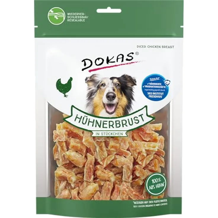 Dokas Glutenfreier Premium Snack, 200 g Hühnerbrustfilet in Stückchen, ideal zum Training für Hunde