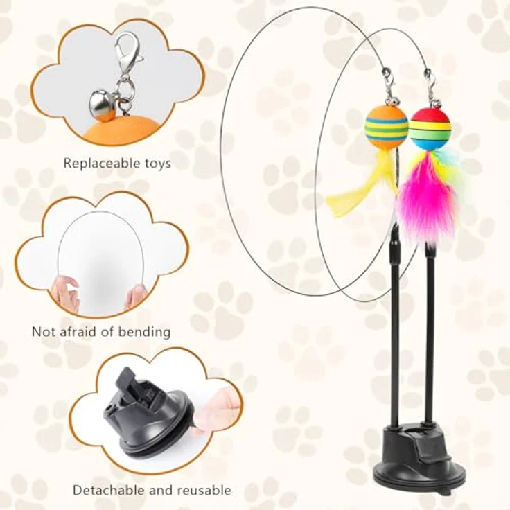 AiQInu 11 Stück Katzenspielzeug Interaktive, Katzenangel mit 2 Saugnäpfen und Glöckchen, Spielzeugset für Katzen aus hochwertigem Material, 92 cm lang – Bild 4