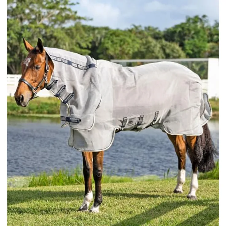 Horseware Rambo Protector Integrated Fliegendecke, Insektenschutz für Pferde, Silver/Navy, White & Beige, 155 cm (6'9")