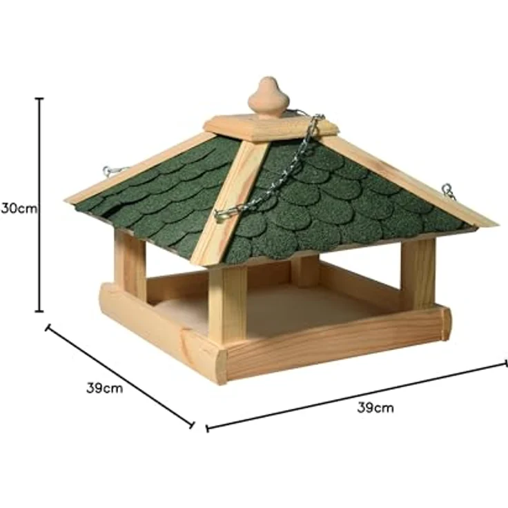 dobar 44256e Klassisches Vogelhaus aus Holz (Kiefer) für Garten, Balkon, mit grünen Bitumenschindeln, stabiler Metallkette zum Aufhängen - Vogelhäuschen Vogel-Futterhaus – Bild 6