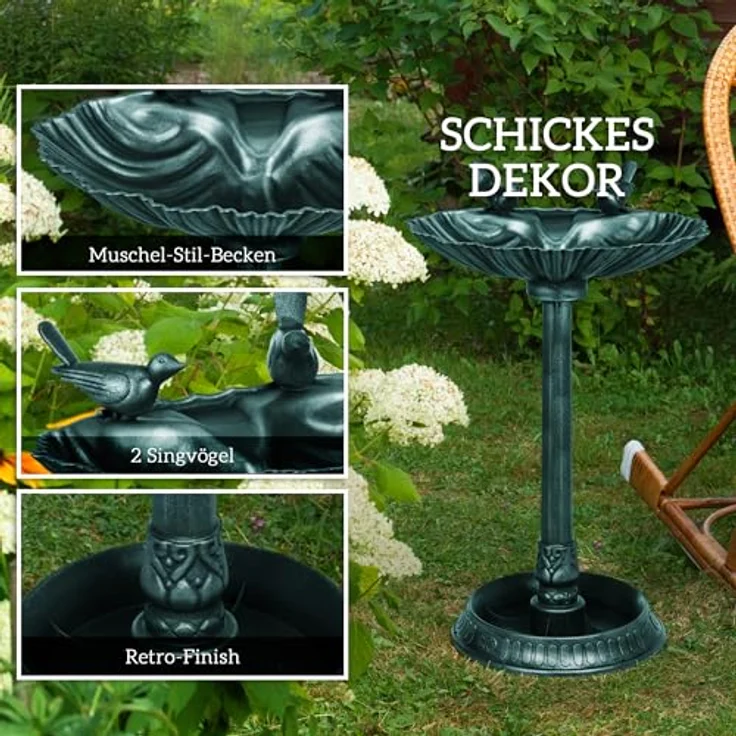 Outsunny Vogeltränke Kunststoff, Zwei-Becken Vogelbad mit muschelförmigem Becken und antikem Metall-Look, dunkelgrün, 49,5L x 38B x 81H cm – Bild 4