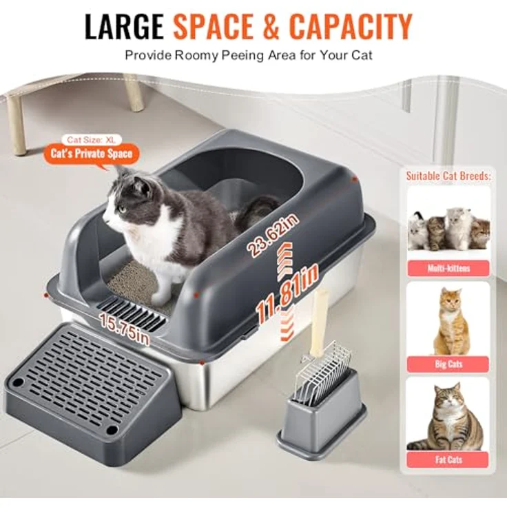 VEVOR XL Katzentoilette, Edelstahl Katzenklo mit 60 Litern Kapazität, geruchsfreie Schalentoilette, hohe Wände, 60 x 40 x 30 cm, Dunkelgrau – Bild 5