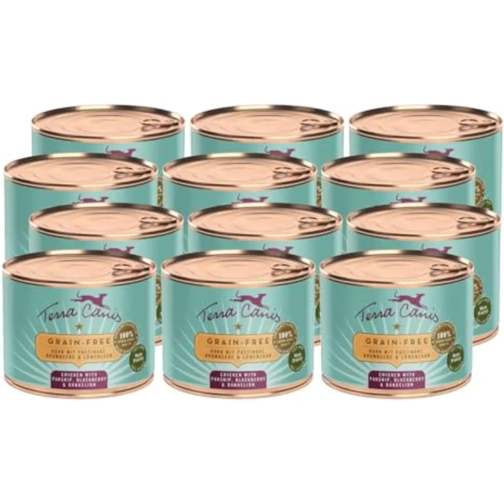 Terra Canis Huhn, Pastinake, Brombeere & Löwenzahn, Getreidefreies Nassfutter, 12x200g, 100% Lebensmittelqualität, glutenfrei, reichhaltig und gesund