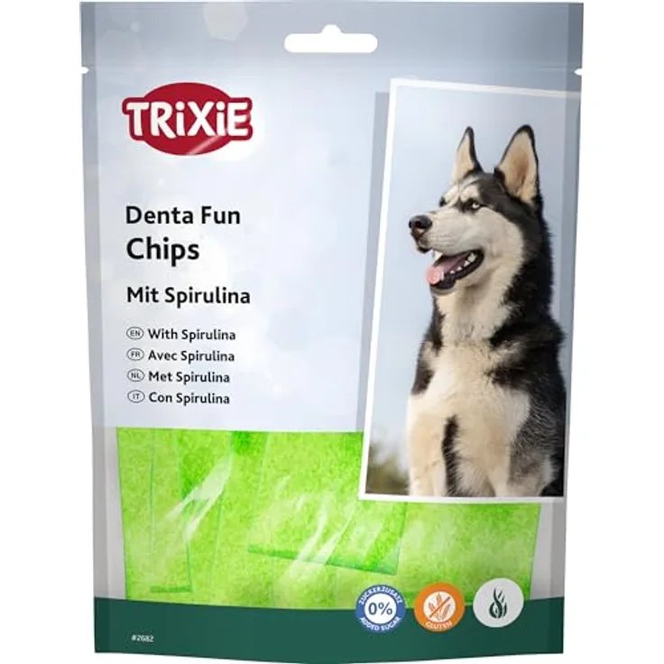 Trixie Denta Fun Chips mit Spirulina, Hundesnacks im Sparpaket 6 x 100 g, glutenfrei, hohe Eiweißgehalt, ohne Zuckerzusatz