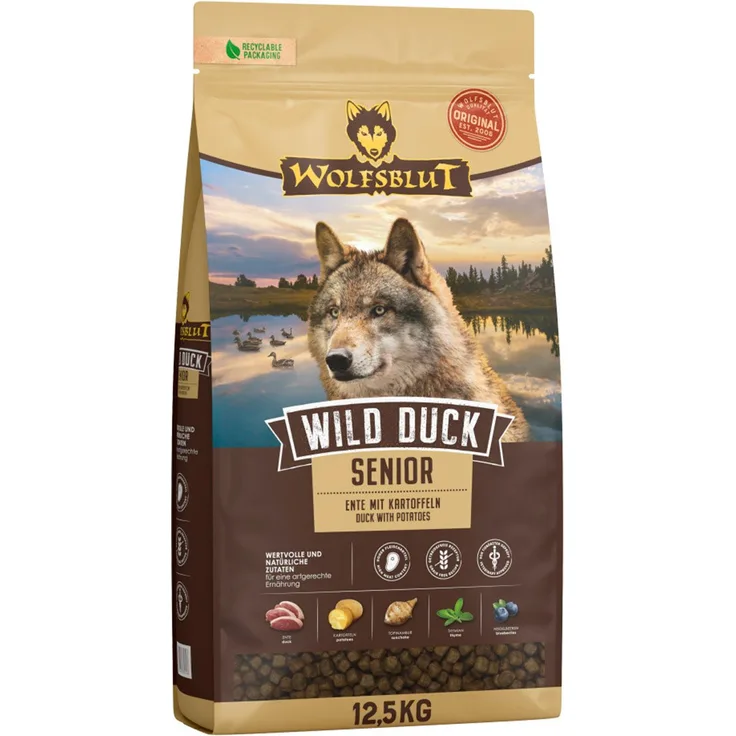 Wolfsblut Wild Duck Senior, Hunde-Trockenfutter 12,5 kg, getreidefrei mit Ente, Kartoffeln und Superfoods für ausgewachsene Hunde ab 7