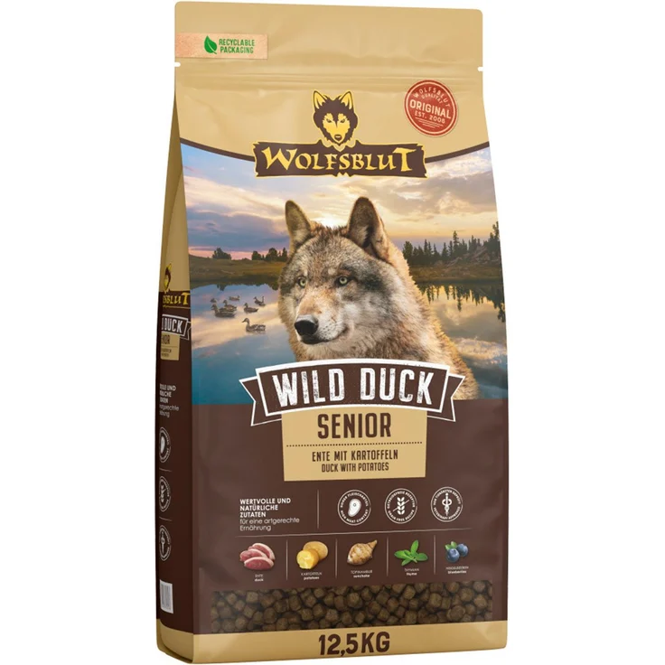Wolfsblut Wild Duck Senior, Hunde-Trockenfutter 12,5 kg, getreidefrei mit Ente, Kartoffeln und Superfoods für ausgewachsene Hunde ab 7 – Bild 1