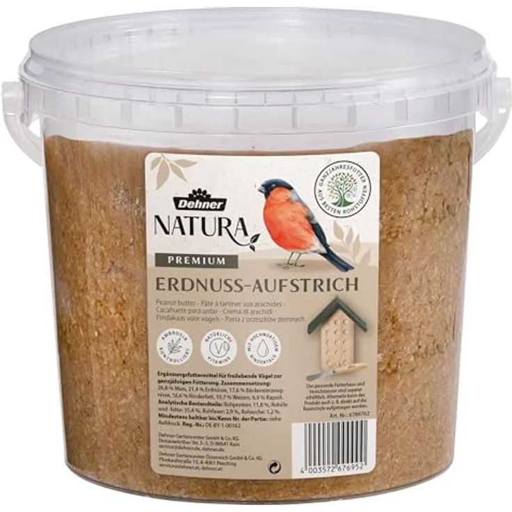 Dehner Natura Premium Wildvogelfutter, Erdnuss-Aufstrich, energiereiches Ganzjahresfutter, 2 kg Eimer