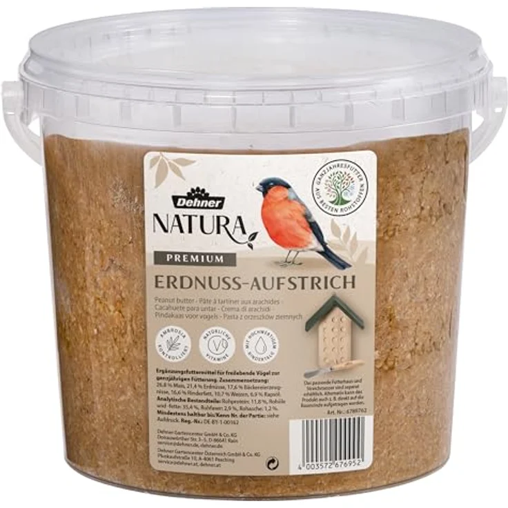 Dehner Natura Premium Wildvogelfutter, Erdnuss-Aufstrich, energiereiches Ganzjahresfutter, 2 kg Eimer – Bild 1
