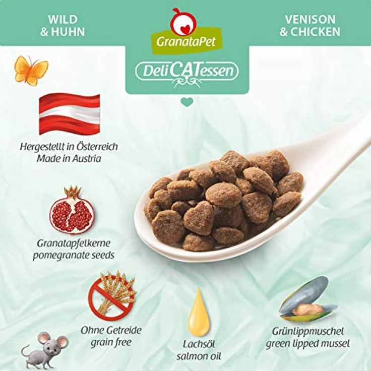 GranataPet DeliCatessen Adult Wild & Huhn, 9 kg, Getreidefreies Katzen-Trockenfutter mit Lachsöl und Granatapfelkernen – Bild 3