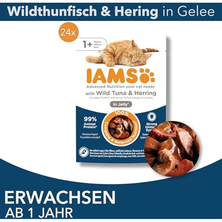IAMS Delights Katzenfutter Nass mit Thunfisch & Hering in Gelee, Multipack für Erwachsene Katzen, 24 x 85g, ohne künstliche Zusatzstoffe, 99% tierische Proteine – Bild 3