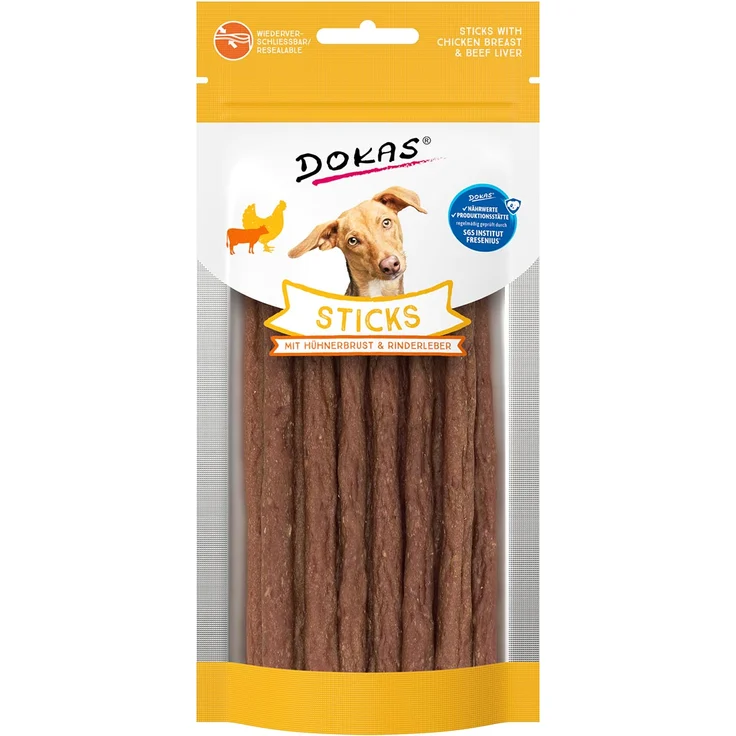Dokas Sticks mit Hühnerbrust und Rinderleber, Hundesnack mit enthaltenem Kollagen, 60g