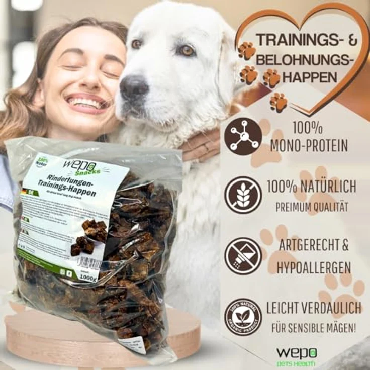 WEPO Hunde Leckerlis Rinderlunge getrocknet, 1kg - Gesunde Trainingssnacks, Premium Kausnack, 100% natürlich & glutenfrei, Made in DE – Bild 2