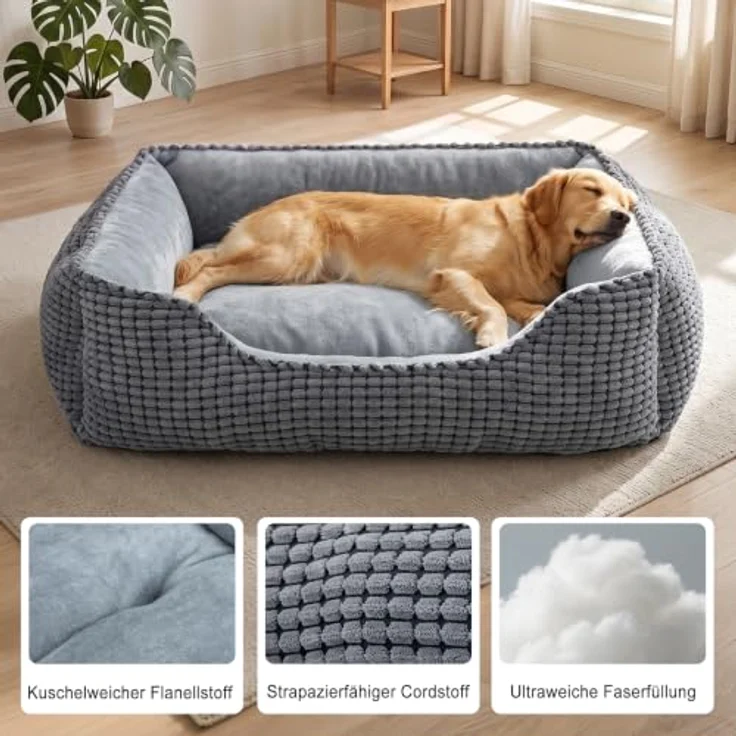 JOEJOY Hundebett M, Waschbarer Hundekorb mit erhöhtem Rand und rutschfester Unterseite, 63x53x20cm, Kord & Flanell – Bild 3