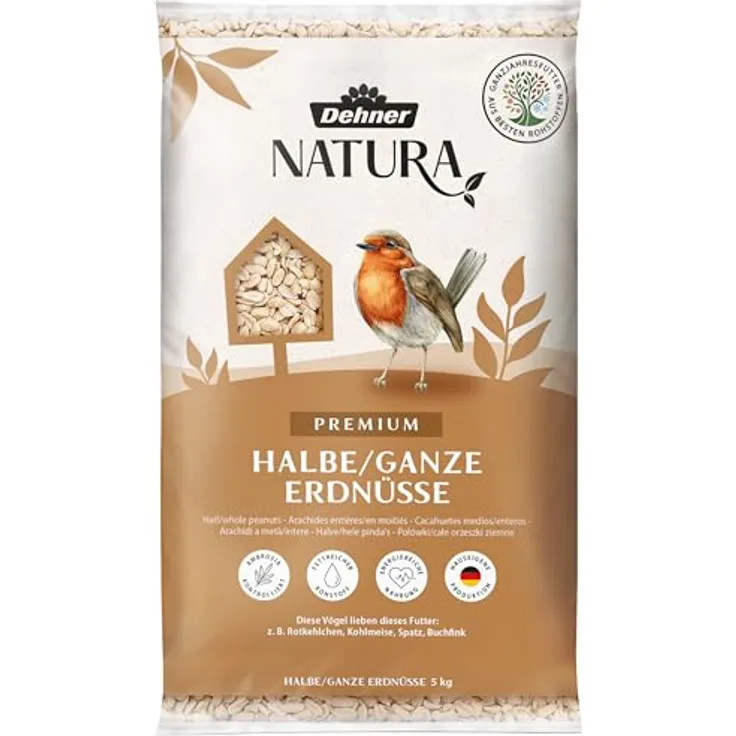 Dehner Natura Premium Wildvogelfutter, schalenfreie Erdnüsse, protein- und energiereich, für Wild- & Gartenvögel, 5 kg