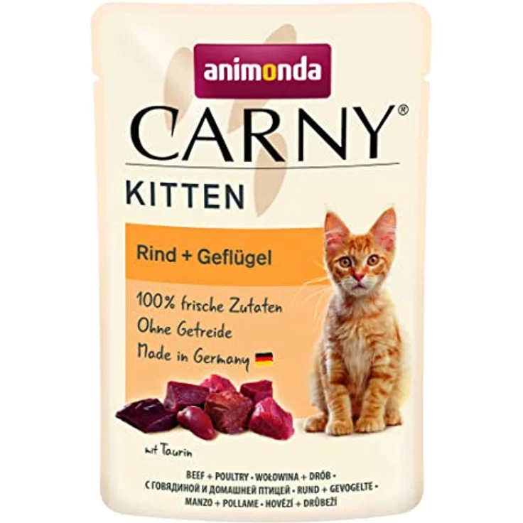 animonda Carny Kitten Katzenfutter nass Rind + Geflügel, 12 Portionsbeutel (12 x 85g), getreidefreies Nassfutter ohne Zucker mit frischen fleischigen Zutaten für junge Katzen – Bild 1