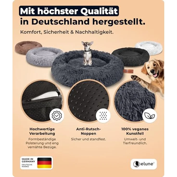 Belune® Hundebett XXL, 140cm, Weiß - Waschbarer Bezug, 100% veganes Kunstfell, rutschfest, mit komfortablem Polsterrand, für große, mittelgroße & kleine Hunde – Bild 3