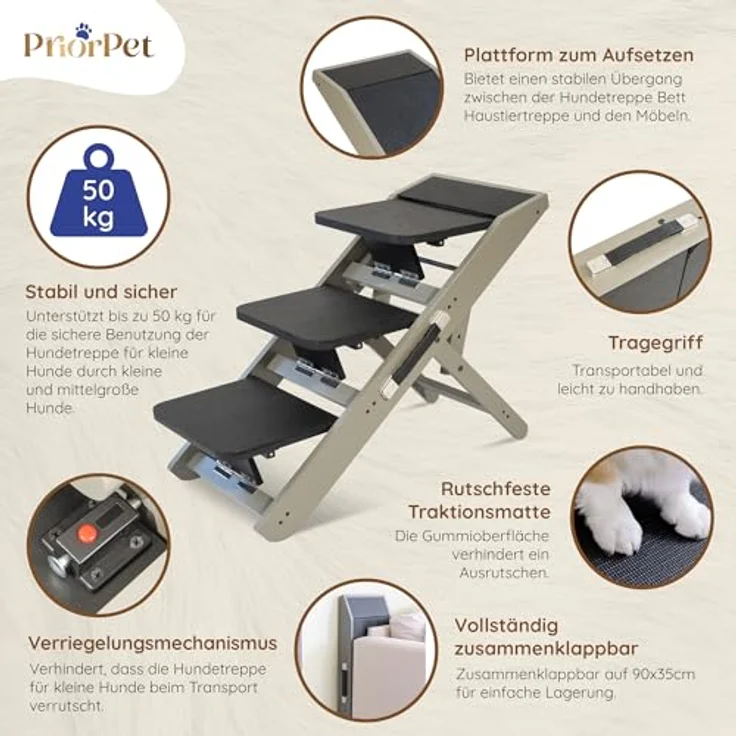 PRIORPET Hundetreppe 2-in-1 Treppe/Rampe, höhenverstellbar 18-50 cm, rutschfeste Gummioberfläche, massive Birkenholzkonstruktion, grau – Bild 3