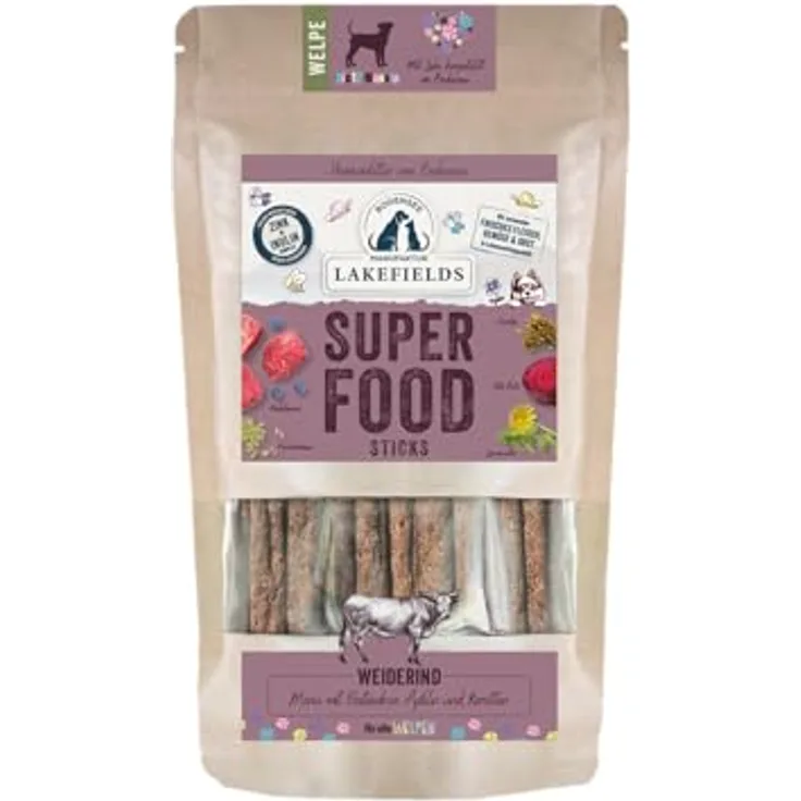 Lakefields SUPERFOOD Sticks, Premium Hundeleckerli für Welpen mit 61% Rind, 130g, getreidefrei, mit Roter Beete & Heidelbeeren, entwickelt mit Tierärzten