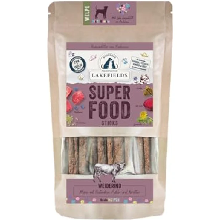Lakefields SUPERFOOD Sticks, Premium Hundeleckerli für Welpen mit 61% Rind, 130g, getreidefrei, mit Roter Beete & Heidelbeeren, entwickelt mit Tierärzten – Bild 1