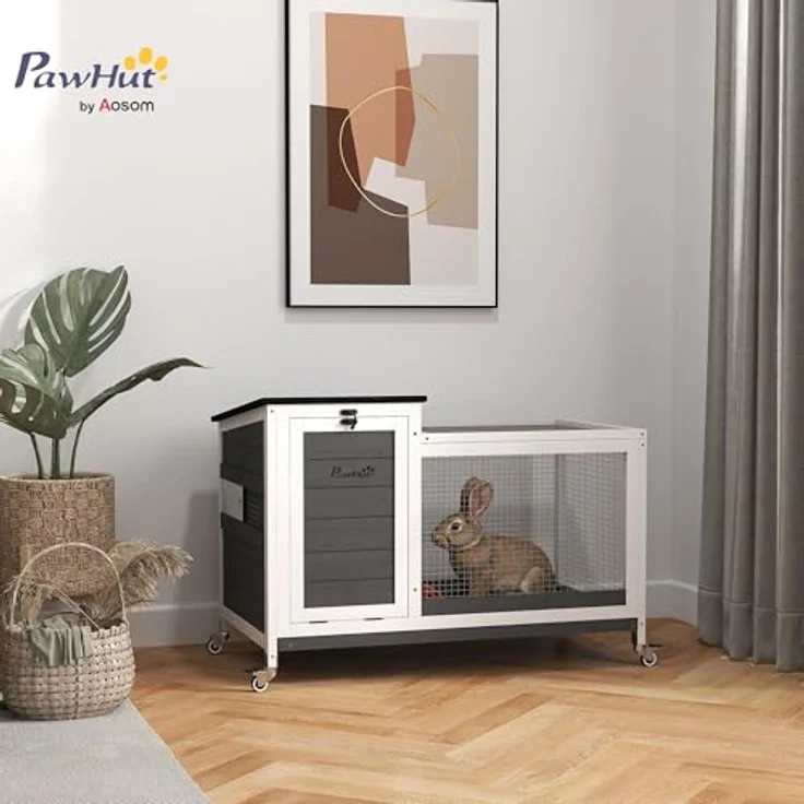 PawHut Kaninchenstall aus Holz, Hasenstall mit Freilaufgehege, klappbare Dächer, wetterfest, 92x52x67 cm, dunkelgrau – Bild 2