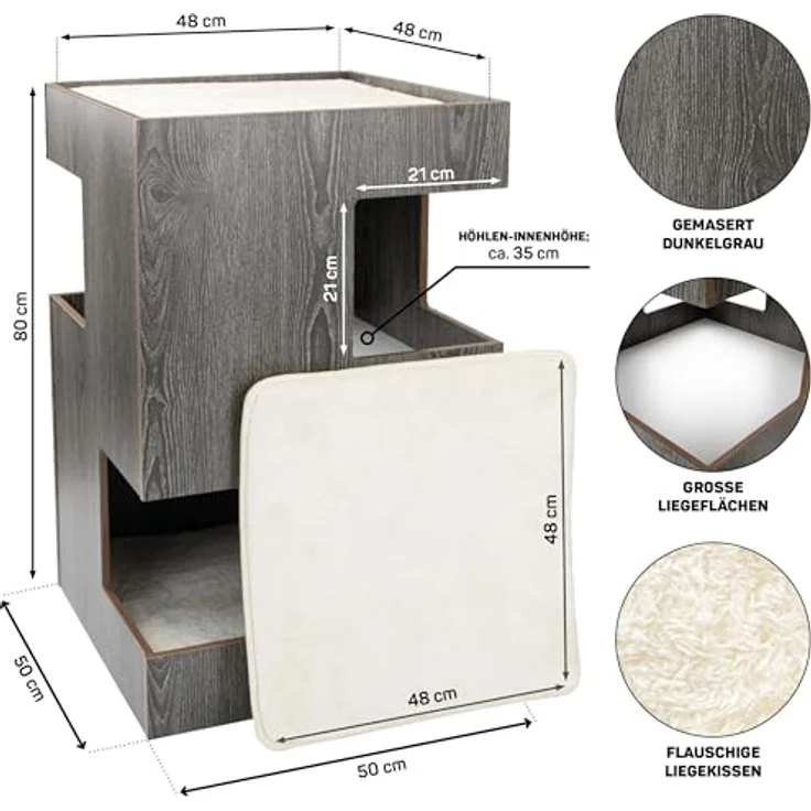 CanadianCat Company Cat Castle, Premium Katzenbett aus Holz mit 2 Höhlen, inkl. 3 waschbaren Kissen, dunkelgrau, 50 x 50 x 80 cm – Bild 2