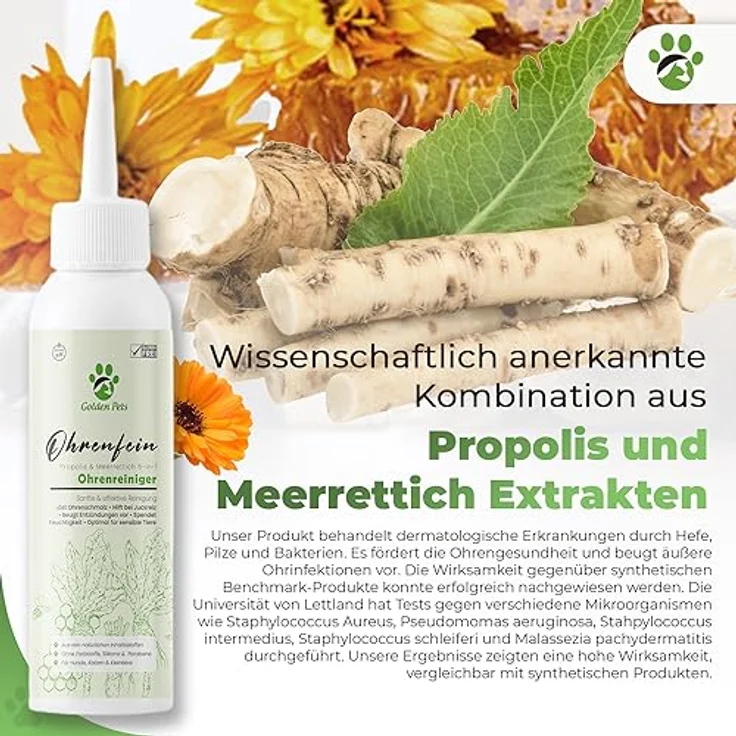 Golden Pets Ohrenreiniger "Ohrenfein", 100% natürliche Ohrenspülung gegen Juckreiz, Entzündung & Ohrenschmalz, 250ml – Bild 2