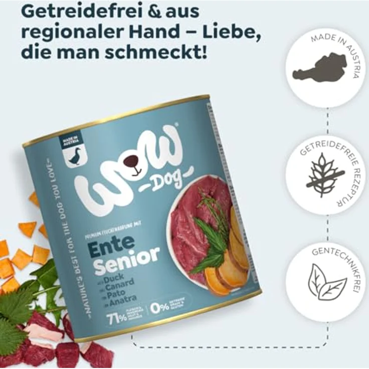 WOW Senior Ente, Hunde-Nassfutter mit frischem Ente und Gemüse, 6 x 800 g – Bild 5