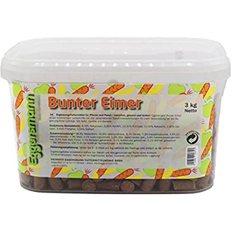 Eggersmann Lecker Bricks Bunter Eimer, 3 kg Belohnungsfuttermittel für Pferde, Apfel, Banane, Karotte
