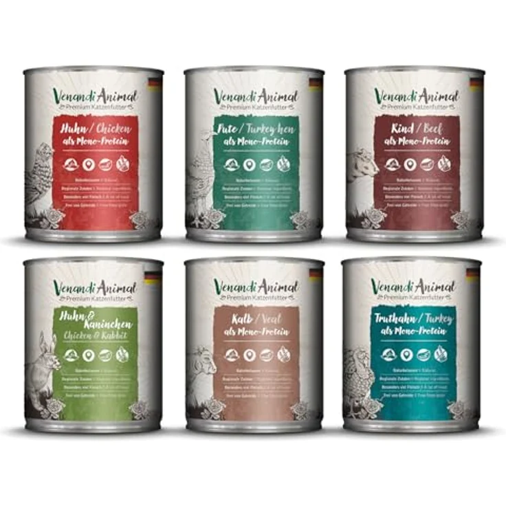 Venandi Animal Premium Nassfutter für Katzen, Probierpaket III, getreidefrei, 6 x 800 g, Huhn, Pute, Rind, Kaninchen, Kalb, Truthahn, 4.8 kg, MADE IN GERMANY – Bild 1