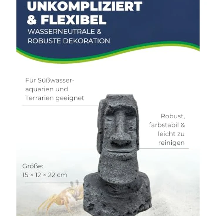 Hobby Aquaristik Moai Ora 2, Deko-Figur für Aquarien, Versteckhöhle aus Polyresin in Steinoptik, 15 × 12 × 22 cm, für Fische, Garnelen & Reptilien – Bild 3