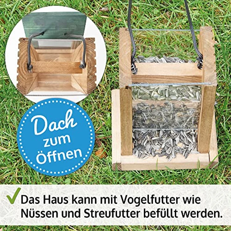 zooprinz Vogelhaus Futterspender, Design aus Vollholz, witterungsbeständig, mit stabilem Sitzrand, 21 cm hoch, inkl. Aufhängeseil – Bild 2