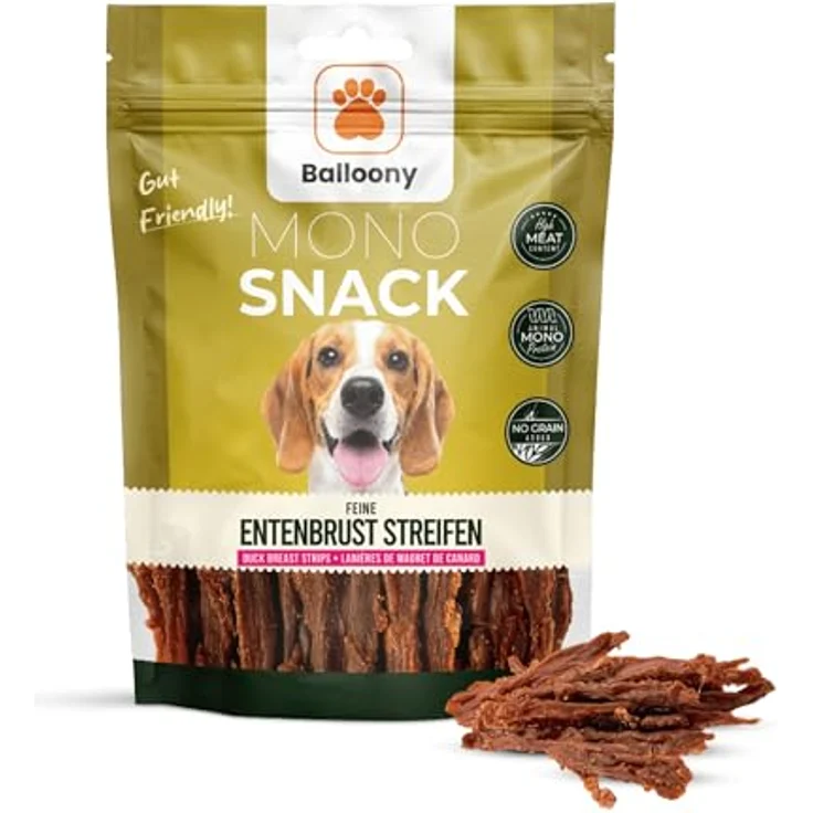 Balloony.pet Monosnack Feine Entenbrust Streifen – Getreidefreie, natürliche Hundeleckerlis mit Monoprotein für empfindliche Hunde (150g)