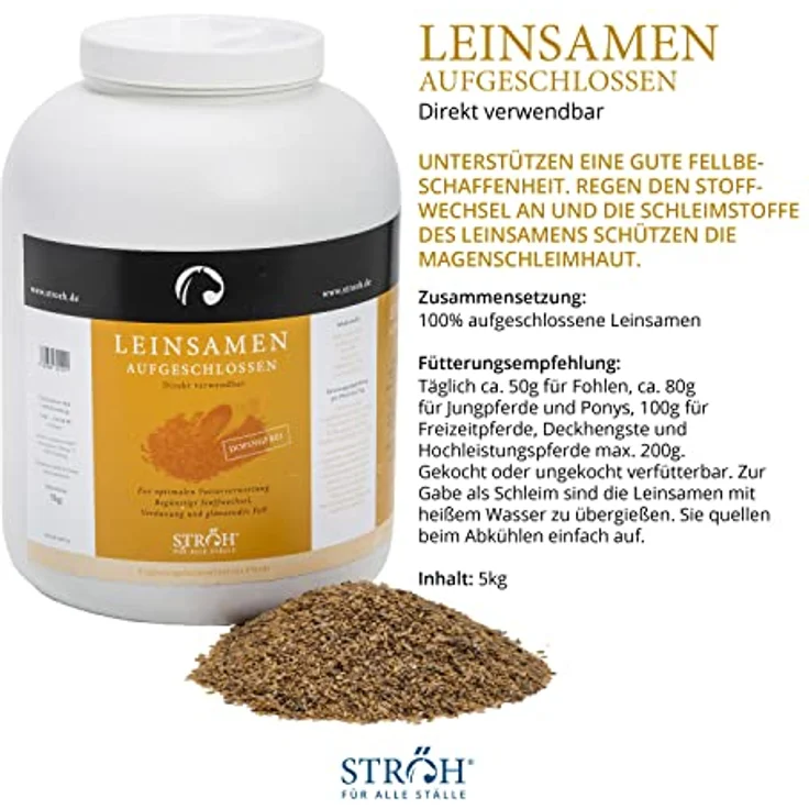 STRÖH Leinsamen ganz für Pferde, artgerechtes Futtermittel für Verdauung, Energie & Fell, 5kg – Bild 2