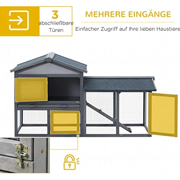 PawHut Kleintierstall Kaninchenhaus, wetterfestes Dach, leicht zu reinigen, grau & weiß – Bild 4