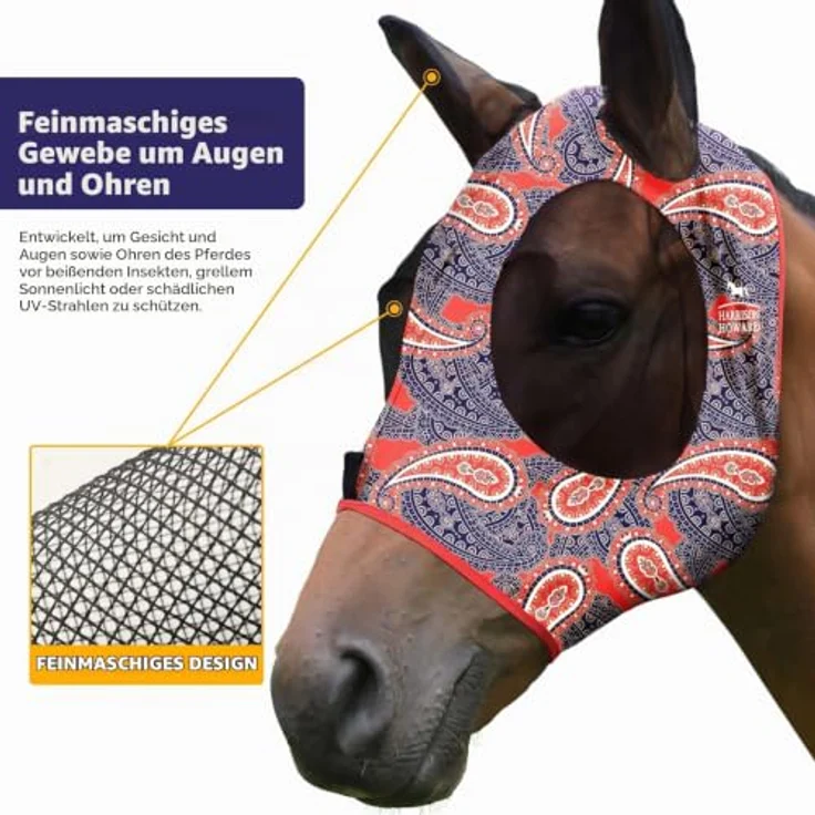 Harrison Howard Elastizität Pferde Fliegenmaske mit UV-Schutz, bequeme Passform und dehnbaren Ohrabdeckungen - Orange Paisley – Bild 3