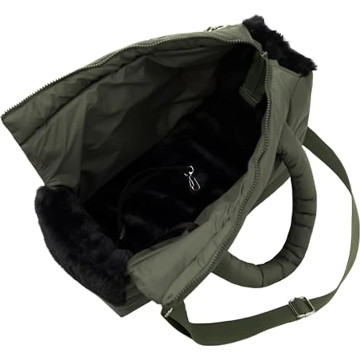 DOGGY Fluffy Ride Transporttasche für Hunde und Katzen, multifunktionale Schultertasche bis 8 kg, olivgrün mit Gummiband und Karabiner – Bild 4
