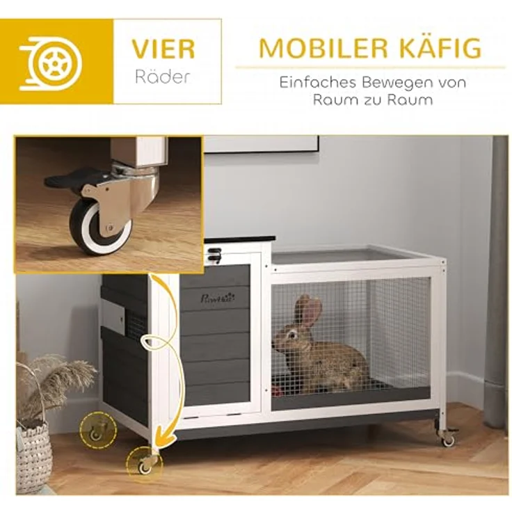 PawHut Kaninchenstall aus Holz, Hasenstall mit Freilaufgehege, klappbare Dächer, wetterfest, 92x52x67 cm, dunkelgrau – Bild 5