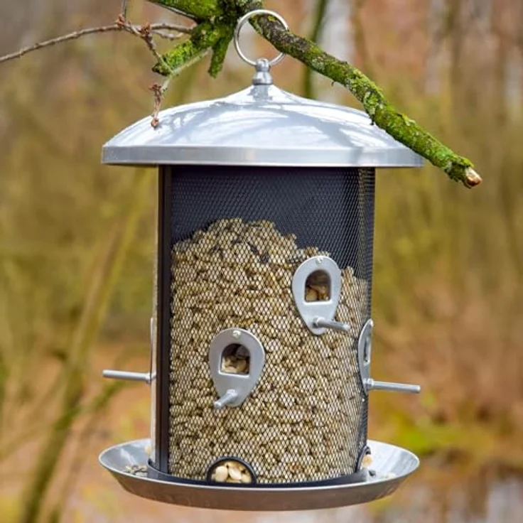 Dobar 19981 Große Futtersäule mit Kammern und Anflugstangen, Wildvogel-Futterstation zum Aufhängen, 24,5 24,5 34,5 cm, Metall, Silber – Bild 6