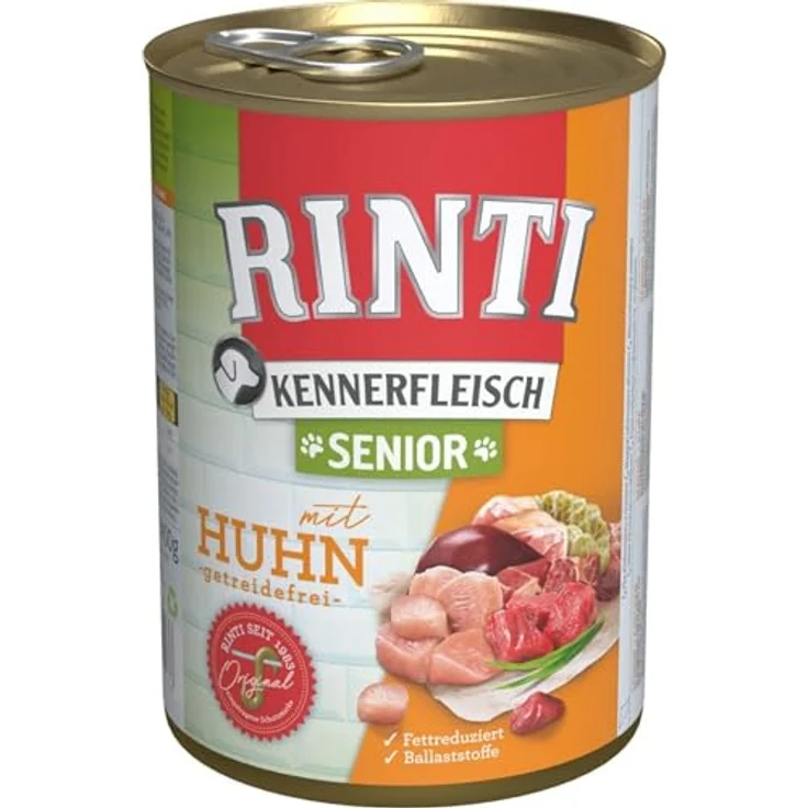 Rinti Kennerfleisch Senior, 6 x 400 g Huhn, ausgewogenes Nassfutter für ältere Hunde, getreidefrei, moderater Fettgehalt