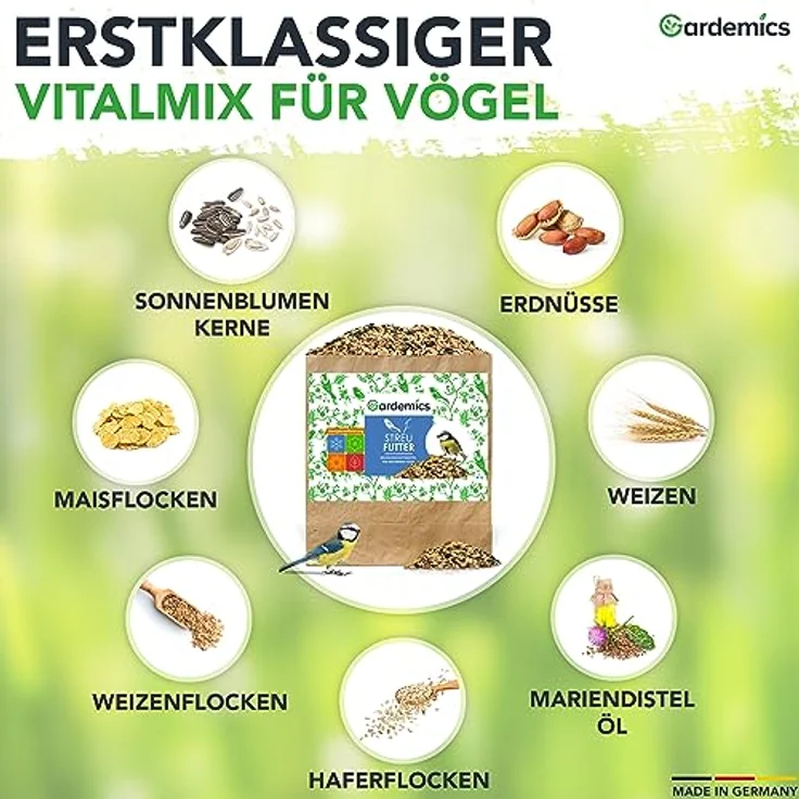 Gardemics Vogelfutter Wildvögel ganzjährig 25 Kg, Vitalmix mit Erdnüssen & Sonnenblumenkerne, artgerechtes Ganzjahresfutter für Artenvielfalt im Garten – Bild 2