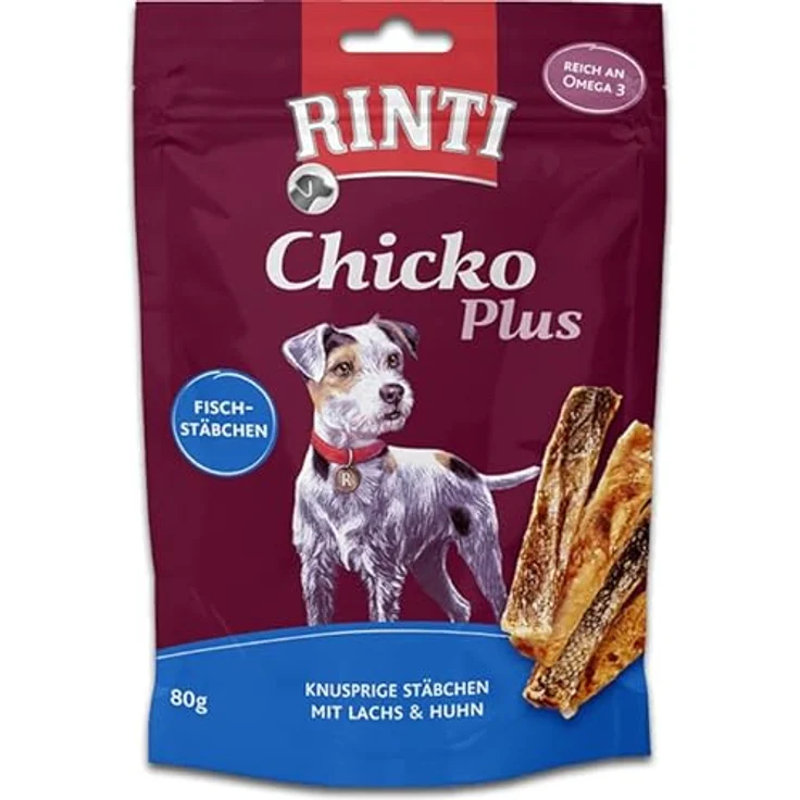 Rinti Chicko Plus Fischstäbchen mit Lachs und Huhn, 6er Pack, Ergänzungsfuttermittel für Hunde, 6 x 80 g, ohne Fleischmehle und Soja, schonend luftgetrocknet – Bild 2