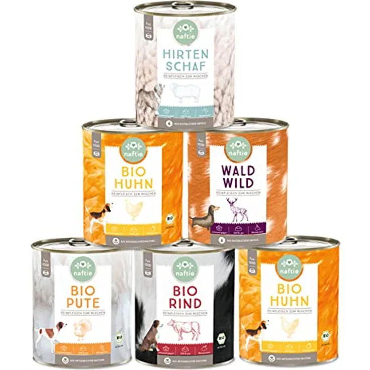 naftie Bio Hundefutter Reinfleischdosen Mischpakete, 100% Reinfleisch pur, glutenfrei, getreidefrei, 6 x 800g