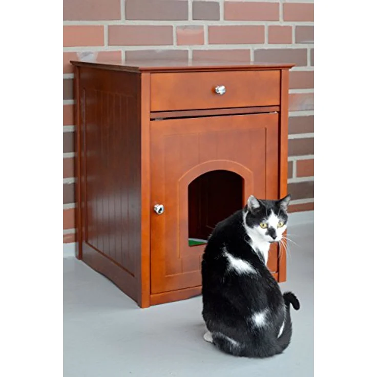 dobar Katzenschrank "Mohrle", Massivholz Katzenhaus mit Schublade für Katzenklo, 52 x 48 x 63 cm, Braun, extra Stauraum und Haken für Utensilien – Bild 5