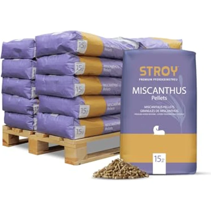 STROY Miscanthuspellets, Einstreu Pellets für Tierhaltung, hochsaugstark, 15kg x 20 Sack, 300kg / Palette, organisch und rein, geeignet für Groß- und Kleintiere, kompostierbar – Bild 1
