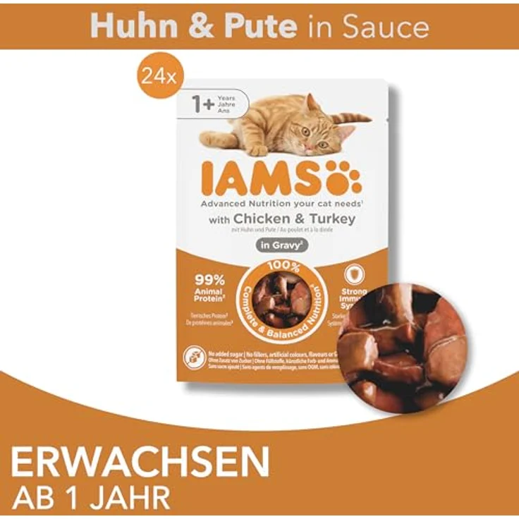 IAMS Delights Katzenfutter Nass mit Huhn & Pute in Sauce, Multipack für Erwachsene Katzen, 24 x 85g, 99% tierische Proteine, ohne künstliche Zusatzstoffe – Bild 3