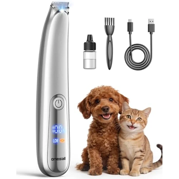 oneisall Pfotentrimmer für Hunde und Katzen mit LED-Licht, kabellos, ultraleise (unter 40 dB), ergonomisches Design, 2 Geschwindigkeitsstufen – Bild 1