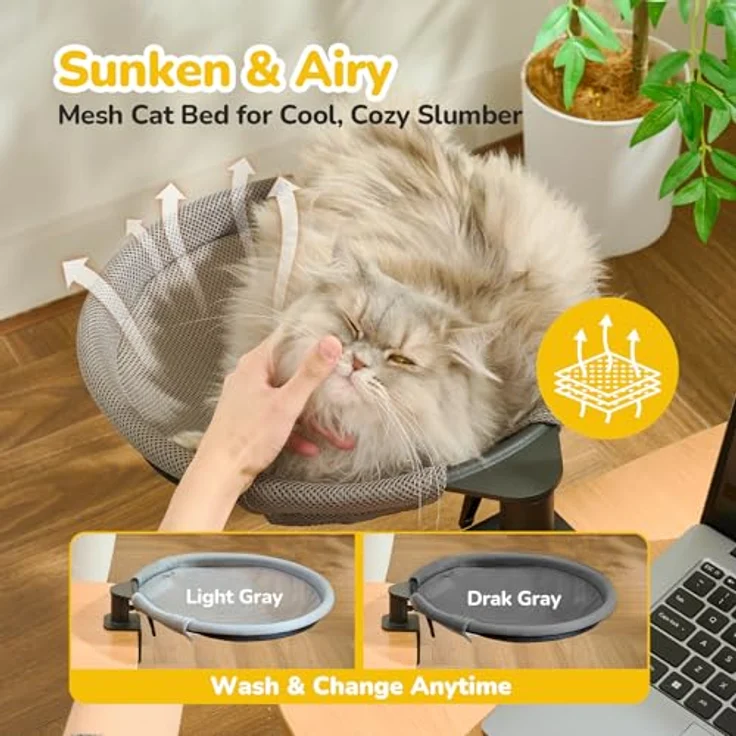CATISM Hängebett für Katzen, 360° drehbares Schreibtisch Katzenbett mit 2 atmungsaktiven Matten (grau/dunkelgrau), Platzsparendes Design 36x38cm bis 20 kg – Bild 4