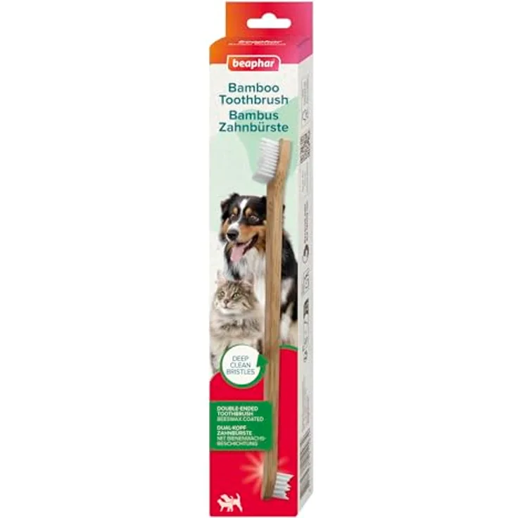 Beaphar Bambus-Zahnbürste, ergonomisches Design mit Bienenwachsgriff und zwei Bürstenkopfgrößen für optimale Zahnpflege bei Hunden